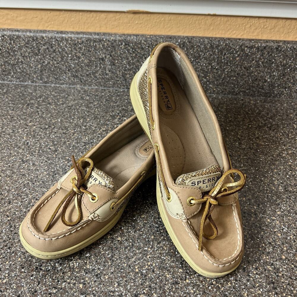 Sperry Top-Sider Gold/Beige Leather Women's 7.5M Loafer Glitter Bow Slip On Flat